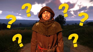 A close-up of the face of Riddler Barley, an NPC in Kingdom Come: Deliverance 2. Around him are superimposed various yellow question marks.