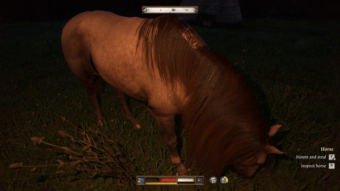 The player in Kingdom Come: Deliverance 2 approaches a horse at night and prepares to steal it.