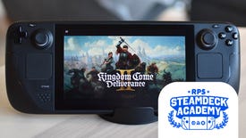 Kingdom Come: Deliverance 2 running on a Steam Deck. The RPS Steam Deck Academy logo is added in the bottom-right corner.