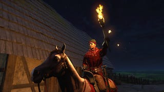 Henry, the protagonist of Kingdom Come: Deliverance 2, rides his horse through a town at night while holding aloft a Torch.