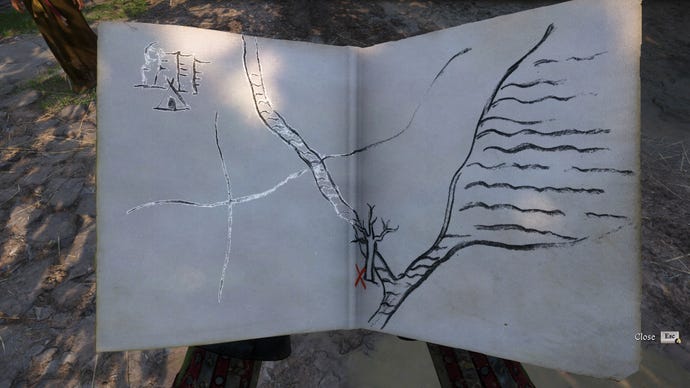 A piece of paper with a bandit's treasure map drawn on it is held in the player's hands in Kingdom Come: Deliverance 2.