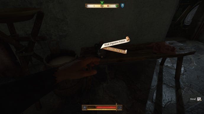 The player in Kingdom Come: Deliverance 2 steals a Weak Digestive Potion from a table in Trosky Castle.