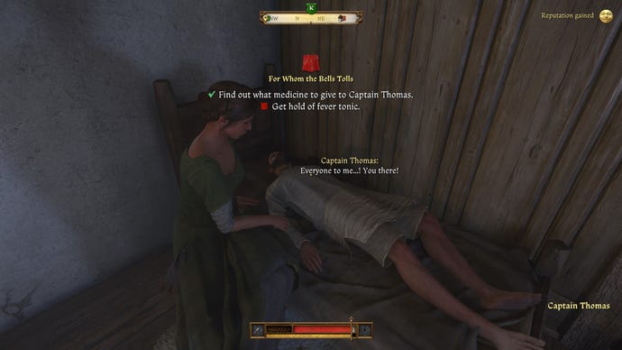 The player in Kingdom Come: Deliverance 2 speaks with Adela, Sir Thomas's sister, while Sir Thomas is feverish in bed.