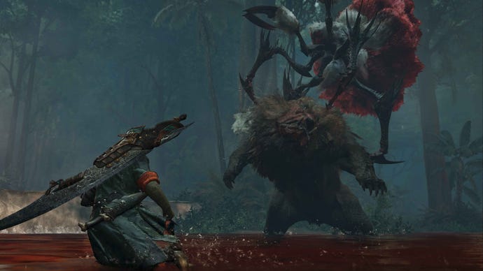 The spidery Lala Barina attacking another bearlike monster in a preview shot for Monster Hunter Wilds