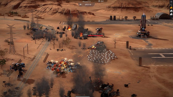 Robots battle in a desert in Mechabellum.