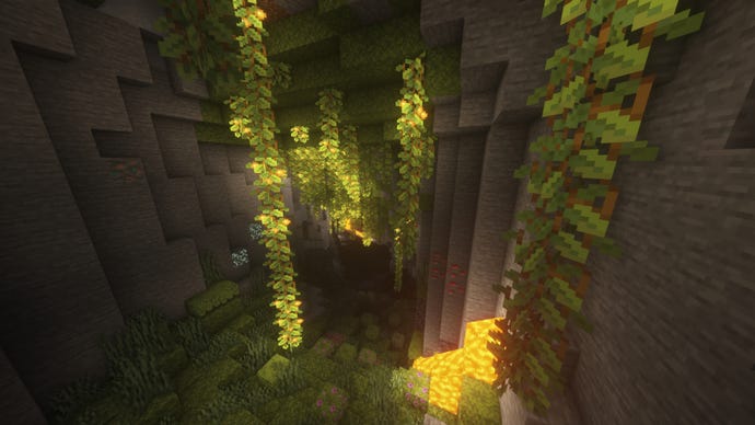 Screenshot of a Lush Cave biome in Minecraft.