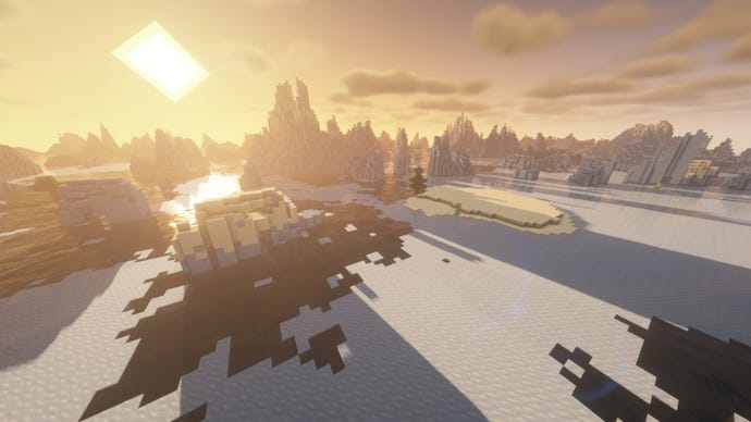 Screenshot of a Minecraft sunset over an Ice Spikes biome.