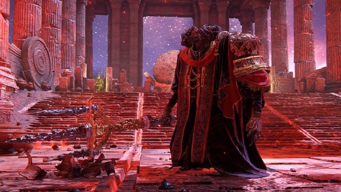 Mohg, the Lord of Blood - an optional boss in Elden Ring and the gatekeeper of the Shadow of the Erdtree DLC - stands in his arena ready to destroy any contenders.