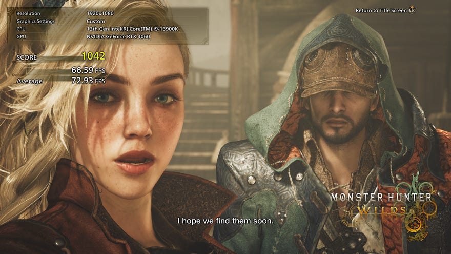 A man and woman look at the camera with peturbed faces in the Monster Hunter Wilds benchmark tool.