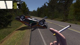 The player smokes a cigarette while looking at a rental car that lies upside down on the motorway.