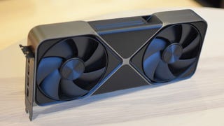 The Nvidia GeForce RTX 5080 Founders Edition stood on its side, with its dual fans showing.