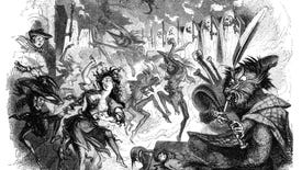 An old black and white vintage illustration of witches dancing to the music of the devil playing bagpipes in the foreground.