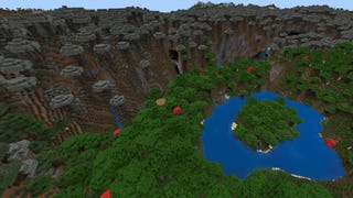 A vast array of Pale Garden mountains encircle a small blue pool in Minecraft Bedrock.