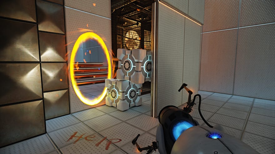 Two weighted cubes are stacked next to a yellow portal in Portal with RTX.