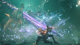 A fight with the materia hunter boss in Final Fantasy 7 Rebirth.