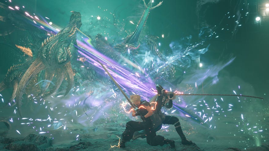 A fight with the materia hunter boss in Final Fantasy 7 Rebirth.