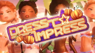 The Dress To Impress splash text, superimposed over a screenshot of several stylised Roblox characters on the beach wearing bikinis.