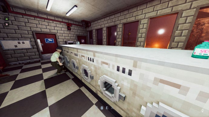 A citizen does his laundry in a bank of washing machines.