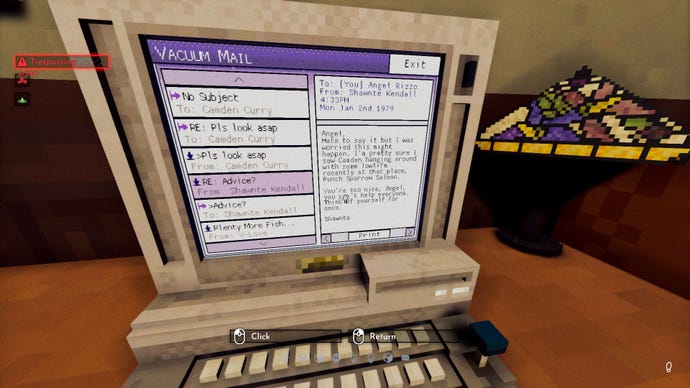 The player uses a computer to access a murder victim's emails.