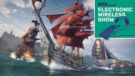 Several tall ships doing pirate stuff in Skull And Bones, with the electronic wireless show logo in the top right corner