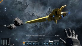 The player's hand reaches out to a sleek yellow space fighter.