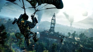 A dude in a mech suit parachuting toward a tower over stormy forestlands in Exoborne