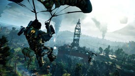 A dude in a mech suit parachuting toward a tower over stormy forestlands in Exoborne