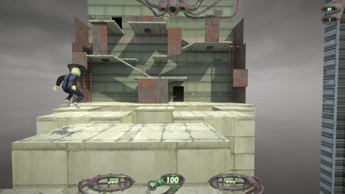 A player hops over platforms in an obstacle ridden, deconstructed map in Straftat.