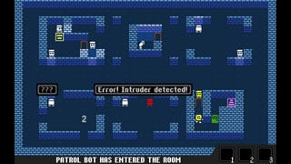 The player navigates the blue walls of Tiny Heist as a small yellow thief. One of the white guardbots is shouting "Error! Intruder detected!"