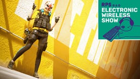 A contestant in The Finals strikes a pose against a yellow wall. The Electronic Wireless Show logo is added in the top-right corner.